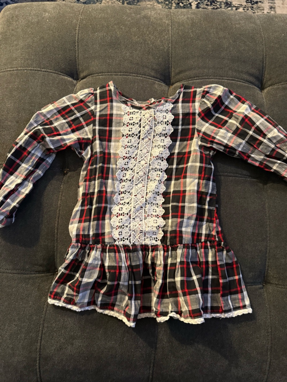 Good Lad Girls Plaid Long-Sleeve Top with White Lace - Black & Red